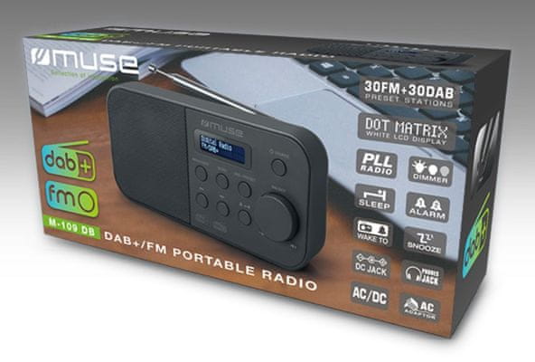 klasický radiopřijímač muse M-109DB dab fm tunery tft displej barevný reproduktor sluchátkový výstup napájení možné i z baterií alarm snooze sleep fm anténa