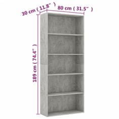 shumee 5patrová knihovna betonově šedá 80 x 30 x 189 cm dřevotříska