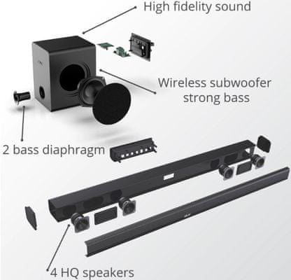  Bluetooth bezdrátový soundbar akai ASB-6WSW hdmi skvělý zvuk aux in vstup usb port optický vstup moderní design 