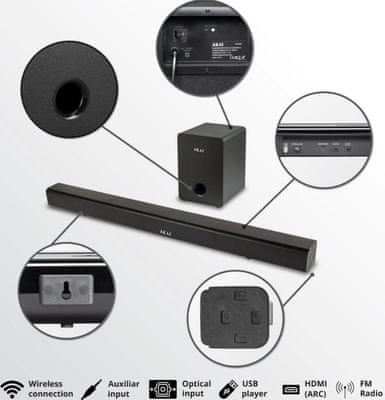  Bluetooth brezžični soundbar akai ASB-6WSW hdmi arc odličen zvok aux in vhod USB vhod optični vhod sodobna zasnova 