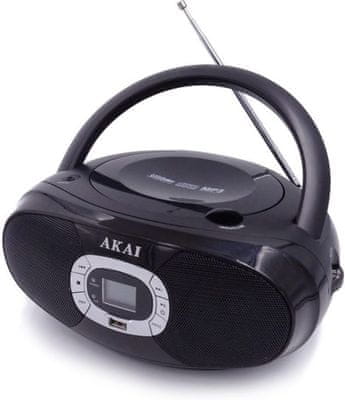  Bluetooth CD predvajalnik AKAI BM004A AUX in USB vhod in izhod za slušalke FM in AM Tuner CD plošče vgrajeni zvočniki možnost delovanja na baterije 