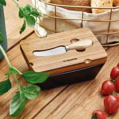 Homla Porcelánová máslenka NUUMO s nožem a víčkem z akátového dřeva černá 16x11 cm