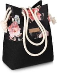 ZAGATTO Dámská kabelka látková se stahovací šňůrkou, černá s květinovým vzorem, polstrované dno kabelky, prostorná a lehká kabelka pro každodenní nošení i do práce, 32 x 35 x 14 / ZG 665