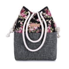 ZAGATTO Dámská kabelka, plátěná taška, látková se stahovací šňůrkou, černá a šedá s květinovým vzorem, polstrované dno kabelky, prostorná a lehká kabelka pro každodenní nošení i do práce, 26x35x14 / ZG 602
