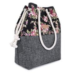 ZAGATTO Dámská kabelka, plátěná taška, látková se stahovací šňůrkou, černá a šedá s květinovým vzorem, polstrované dno kabelky, prostorná a lehká kabelka pro každodenní nošení i do práce, 26x35x14 / ZG 602