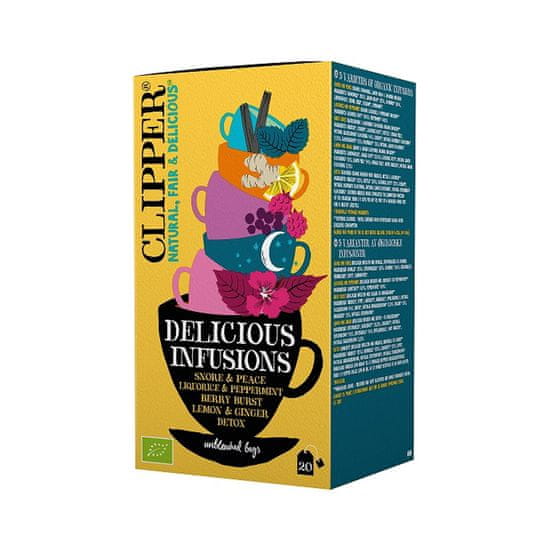 Clipper Britský výběr pěti BIO fairtradových čajů a nálevů 'Delicious Infusions | Snore & Peace / Liquorice & Peppermint / Berry Burst / Lemon & Ginger / Detox' 40g (5x4x2g) Clipper