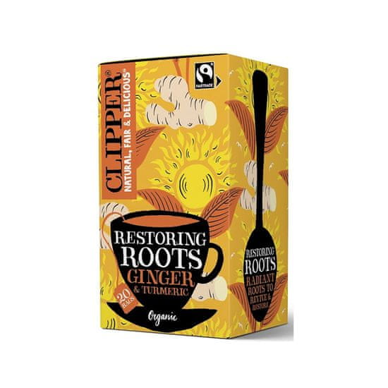 Clipper Britský organický zázvor s kurkumou a černým pepřem BIO "Restoring Roots | Organic Ginger, Turmeric & Black Pepper Infusion" 36g (20 sáčků x 1,8g) Clipper