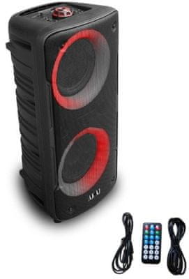 prenosný reproduktor akai ABTS-TK19 super zvuk Bluetooth usb aux vstup led svetla karaoke funkcie fm tuner 8 w výkon ľad svetelnej diódy