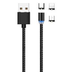 MG 3in1 magnetický USB kabel + plug adaptér Micro USB / USB-C / Lightning 1m, černý