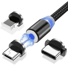 MG 3in1 magnetický USB kabel + plug adaptér Micro USB / USB-C / Lightning 1m, černý
