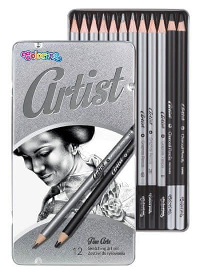 Colorino Artist - kreslířská sada grafitových tužek a uhlů kulaté kovový box