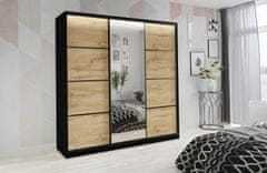 Nejlevnější nábytek Šatní skříň HARAZIA 200 se zrcadlem, 4 šuplíky a 2 šatními tyčemi, černý mat/ dub wotan