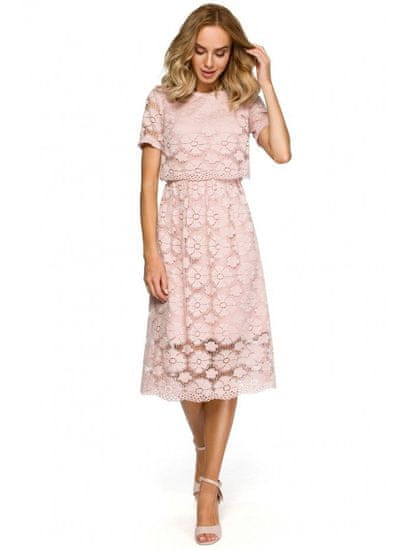 Moe Dámské krajkové midi šaty M405 růžové - Moe