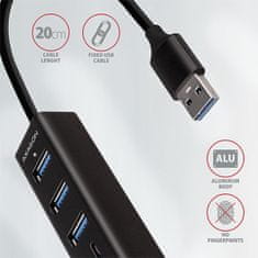 AXAGON HMA-CR3A, USB 3.2 Gen 1 hub, porty 3x USB-A + čtečka karet SD/microSD, kovový, kabel USB-A 20cm