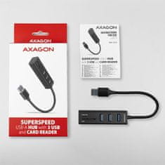 AXAGON HMA-CR3A, USB 3.2 Gen 1 hub, porty 3x USB-A + čtečka karet SD/microSD, kovový, kabel USB-A 20cm