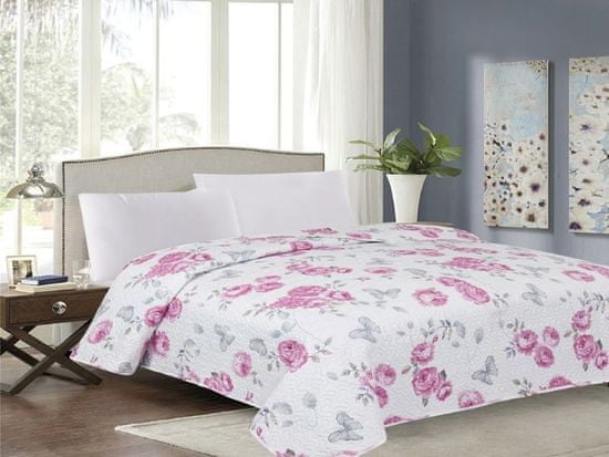Euromat Dekorační přehoz na postel TAVIRA 220x240 bílý růžový zahradní růže