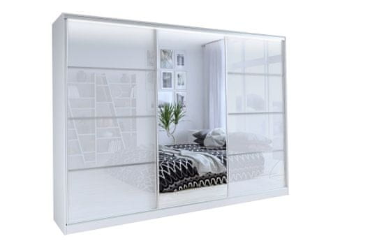 Nejlevnější nábytek Šatní skříň LITOLARIS 250 se zrcadlem, 4 šuplíky a 2 šatními tyčemi, bílý lesk