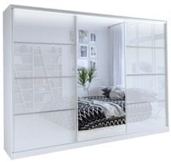 Nejlevnější nábytek Šatní skříň LITOLARIS 280 se zrcadlem, se 6 policemi, 4 šuplíky a 2 šatními tyčemi, bílý lesk