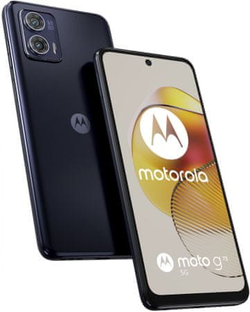 moderní mobilní dotykový telefon smartphone Motorola Moto G73 5G 30W rychlonabíjení 5000mah baterie výdrž lte wifi Bluetooth 5.3 sim Dual SIM paměťová karta nfc 6,5palcový hd plus displej IPS lCD displej 50mpx fotoaparát google assistant ultraširokoúhlý objektiv širokoúhlá kamera výkonný fotoaparát makro hloubkový objektiv duálné stereo reproduktory sluchátkový 3.5mm jack NFC LTE MediaTek Dimensity 930 NFC OS Android 5G síť nejrychlejší 5G připojení Dolby Atmos stereo reproduktory