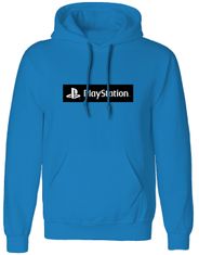 CurePink Pánská mikina s kapucí Playstation: Box Logo (L) modrá bavlna