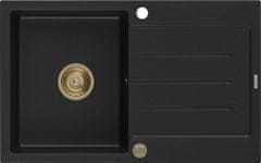 Mexen Bruno granitový dřez 1-miska s odkapávačem 795 x 495 mm, černý, zlatý sifon (6513791010-77-G)