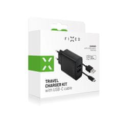 FIXED Set síťové nabíječky s 2xUSB výstupem a USB/USB-C kabelu, 1 metr, 15W Smart Rapid Charge, černá