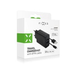 FIXED Set síťové nabíječky s 2xUSB výstupem a USB/Lightning kabelu, 1m, MFI certifikace, 15W Smart Rapid Charge, černá