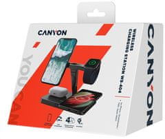 Canyon Bezdrátová nabíječka WS-404B + AC adapter, 4v1, Qi & Apple MagSafe, vstup 12V/3A, výstup 15/10/7.5/5W, černá