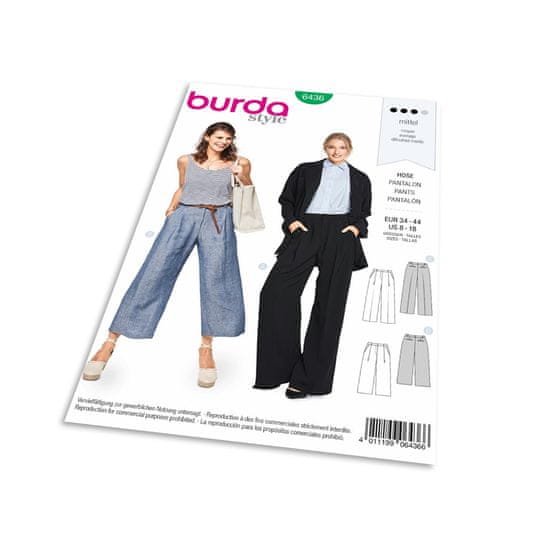 Burda Střih Burda 6436 - Kalhoty se širokými nohavicemi, letní kalhoty, lněné kalhoty