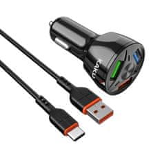Noah 20W 4,8A QC3.0 3xUSB nabíječka do auta + kabel USB typu C Tříportová nabíječka do auta KAKU Quick Charge 3.0 s kabelem USB-C (KSC-493) černá
