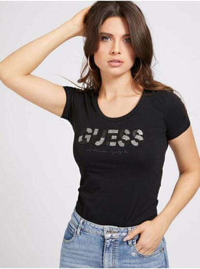 Guess Černé dámské tričko s flitry Guess