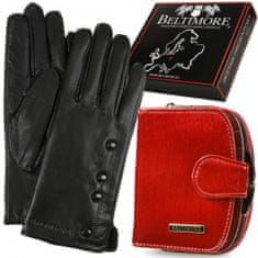 Beltimore A01 Dámská kožená sada peněženka červená s rukavicemi