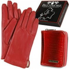 Beltimore A05 Dámská kožená sada peněženka s rukavicemi červená