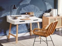 Beliani Psací stůl se dvěma zásuvkami a policí 110 x 58 cm bílý/ světlé dřevo BARIE