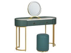 Beliani Toaletní stolek se 2 zásuvkami LED zrcadlem a pufem tmavozelený/ zlatý VINAX