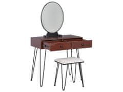 Beliani Toaletní stolek se 2 zásuvkami LED zrcadlem a stoličkou tmavé dřevo/ černý LOIX