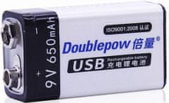 HADEX Nabíjecí baterie Li-ion 9V 650mAh 6F22, Doublepow, napájení USB