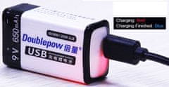 HADEX Nabíjecí baterie Li-ion 9V 650mAh 6F22, Doublepow, napájení USB