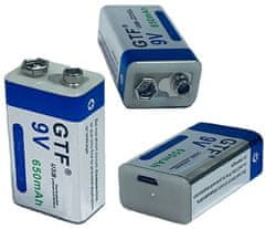 HADEX Nabíjecí baterie Li-ion 9V 650mAh 6F22, GTF, napájení USB