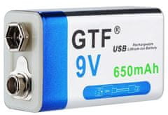 HADEX Nabíjecí baterie Li-ion 9V 650mAh 6F22, GTF, napájení USB