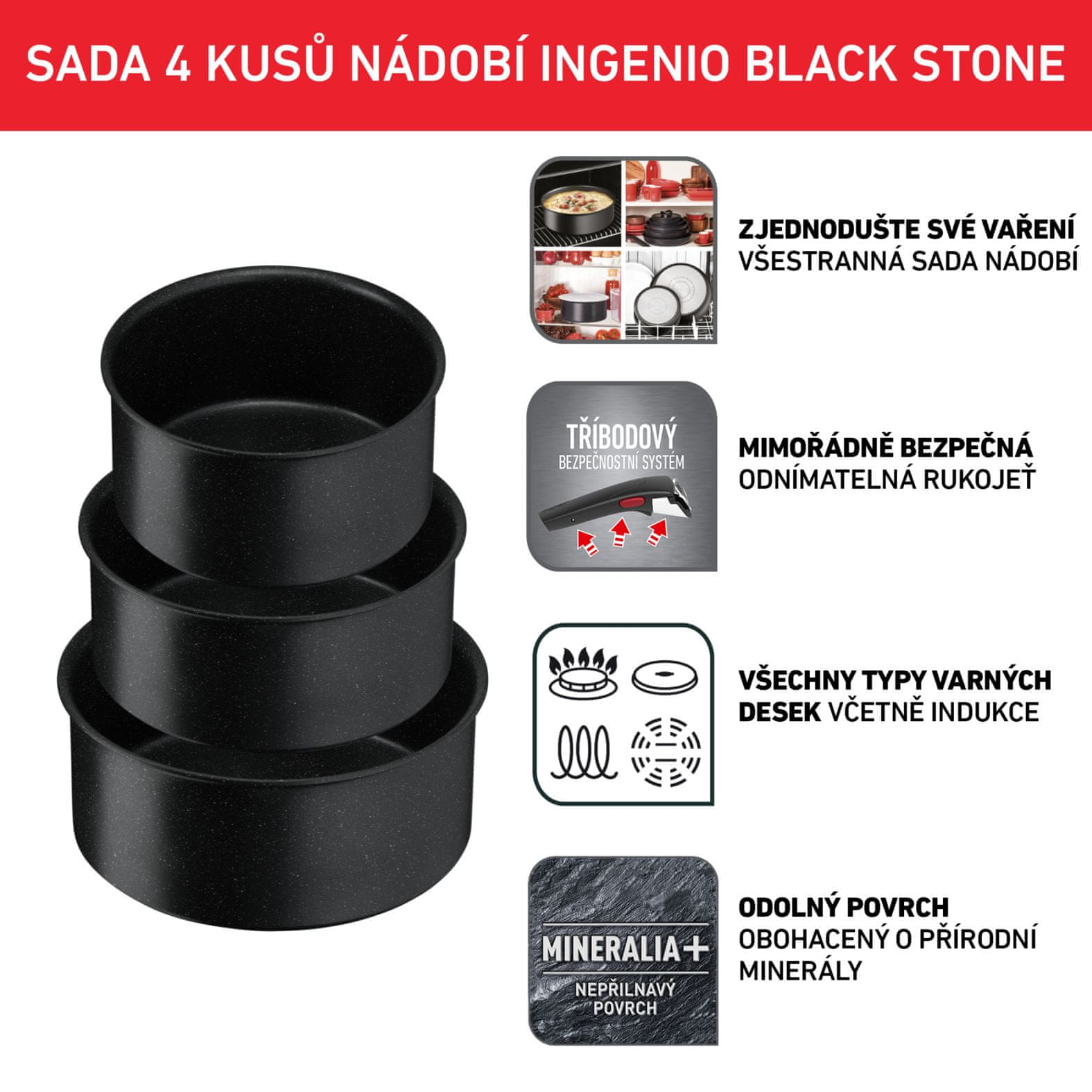 Tefal sada nádobí Ingenio Black Stone 4 ks L3998902