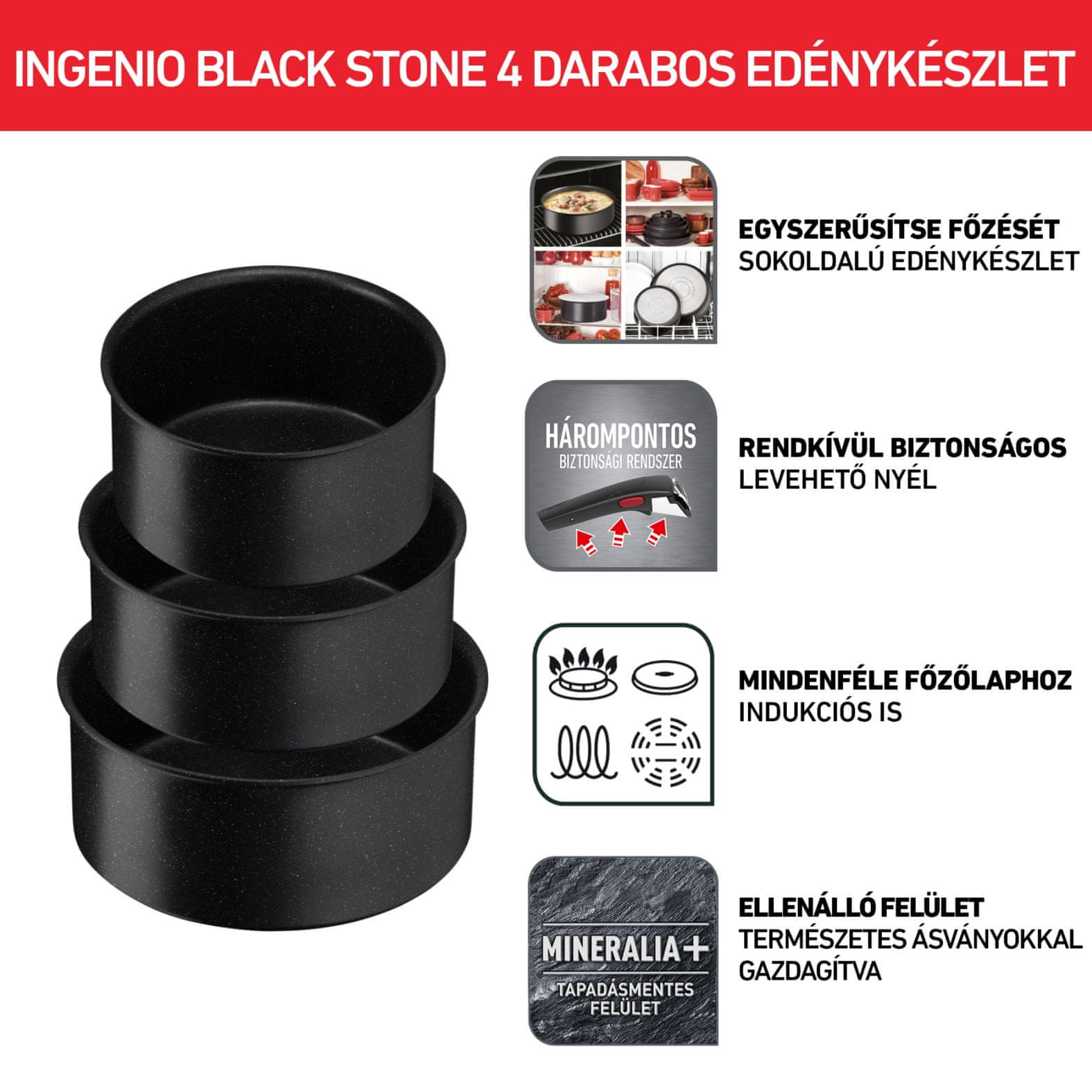Tefal Ingenio Black Stone főzőedénykészlet 4 db, L3998902
