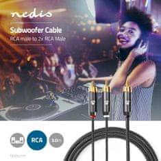 Nedis subwoofer Cable | RCA Male | 2x RCA Male | Gold Plated | 3.00 m | Round | 4.5 mm | Grey / Grey With Metal | Cardboard Box with Covered Window 