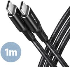 AXAGON kabel USB-C - USB-C, USB 2.0, PD 60W 3A, ALU, opletený, 1m, černá