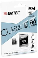 Emtec Paměťová karta "Classic", microSDXC, 64GB, CL10, 20/12 MB/s, adaptér, ECMSDM64GXC10CG